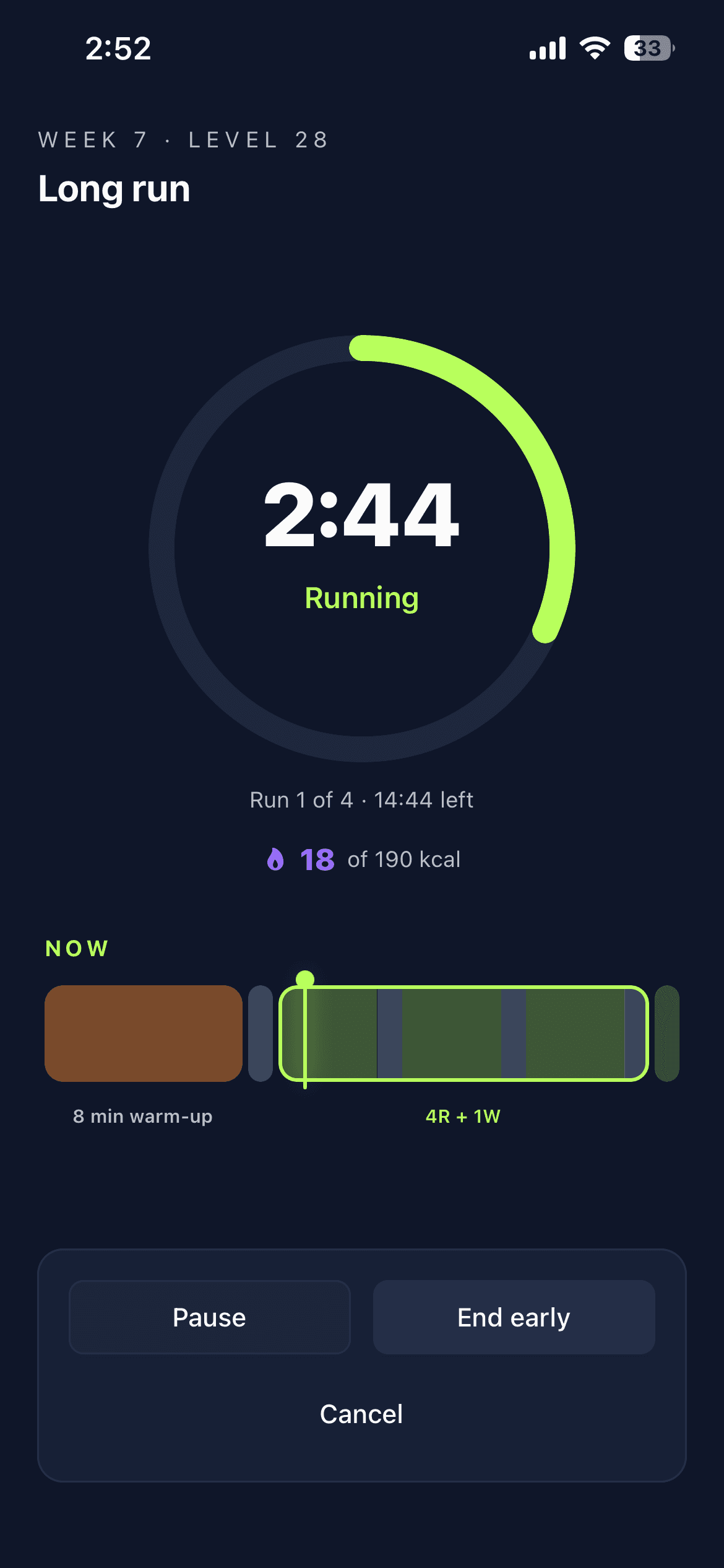 A Yalla Go session in progress: a live countdown ring, the current interval, and calories burned so far